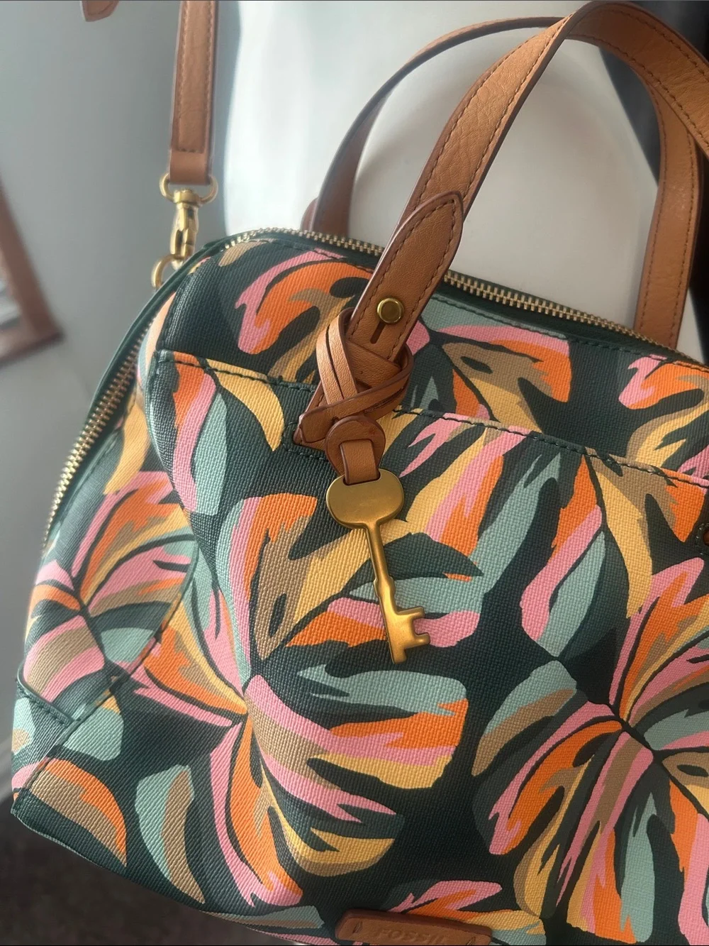 Fossil Rachel Tropical Leaf Print Pink/Green satchel/crossbody